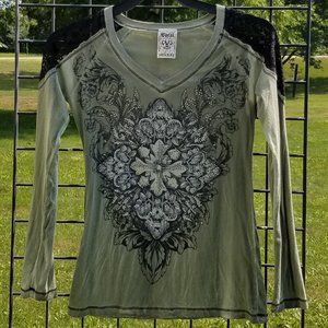 Vocal Green Long Sleeve Tee w/ Black Lace & Rhinestone Detail